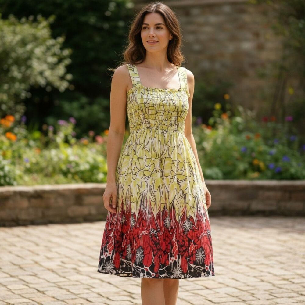 Docele Dress Women's Green Floral Summer Sundress Smocked Sleeveless Midi #356